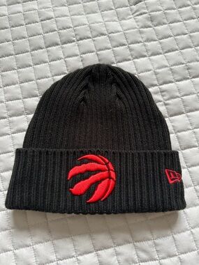 Black and Red Ribbed Beanie with Red Embroidered Raptors Logo